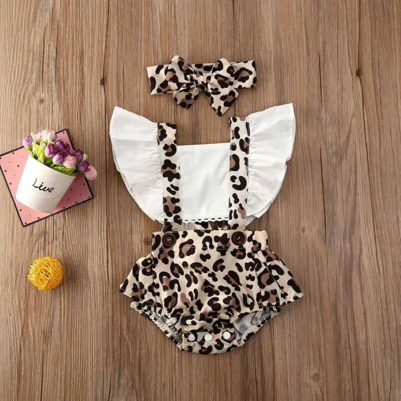 2Pcs Newborn Baby Girl Leopard Jumpsuit Headband Clothes Ruffles Short Sleeve Patchwork Backless Bodysuits 0-24M