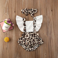 2Pcs Newborn Baby Girl Leopard Jumpsuit Headband Clothes Ruffles Short Sleeve Patchwork Backless Bodysuits 0-24M