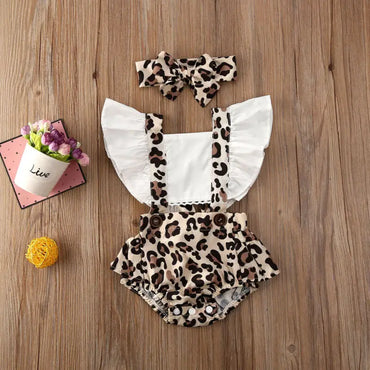 2Pcs Newborn Baby Girl Leopard Jumpsuit Headband Clothes Ruffles Short Sleeve Patchwork Backless Bodysuits 0-24M