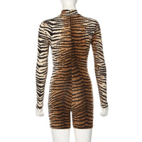 Woman High Neck Short Jumpsuit Tiger Stripes leopard Printed Long Sleeve Short Bodysuit S-L P1735252