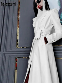 Nerazzurri Spring Runway White Long Leather Trench Coat for Women Long Sleeve Elegant Luxury fashion Womens Coats 2021 Designer