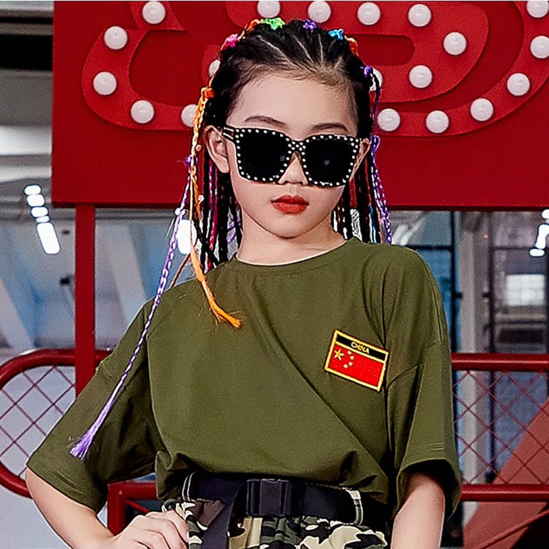 New Hip Hop Girls Clothes Short Sleeve Camouflage Suit Hiphop Pants Boys Street Dancewear Camp Military Training Clothing BL4410