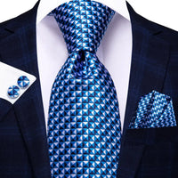 Hi-Tie Designer Silk Wedding Tie For Men Blue White Plaid Handky Cufflink Set Fashion Necktie For Men Business Party Wholesale