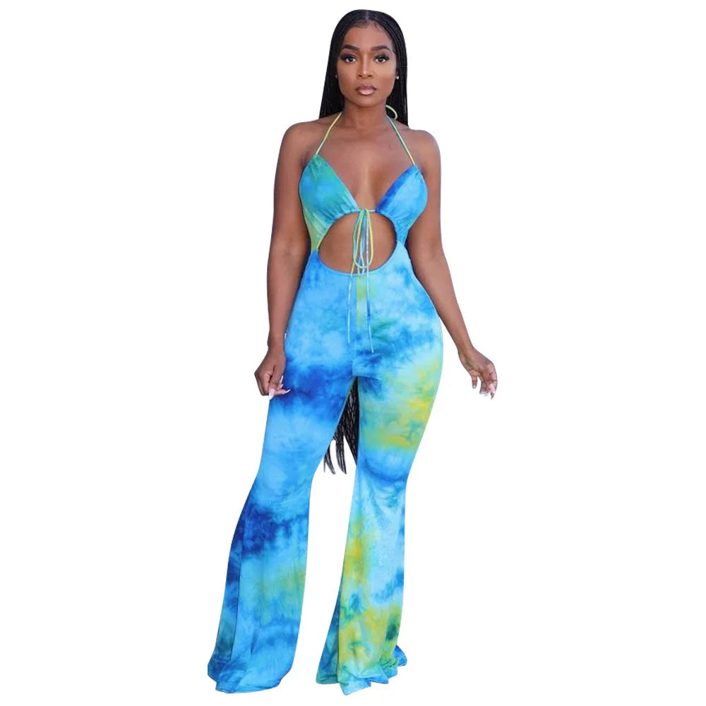 Brown Multi Palazzo Jumpsuit Women Clothing Sexy Outfits for Woman Night Club Wide Leg Romper Dropshipping