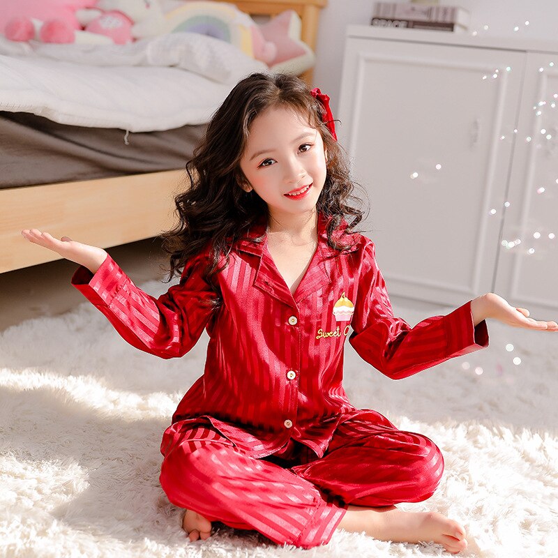 Children Pajamas Set 2023 Spring Ice Silk Striped Kids Pyjamas For Girls & Boys Sleepwear