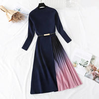 Autumn Winter Elegant Knitted Patchwork Gradient Print Pleated Dress Women Long Sleeve Office One-Piece Sweater Dress With Belt