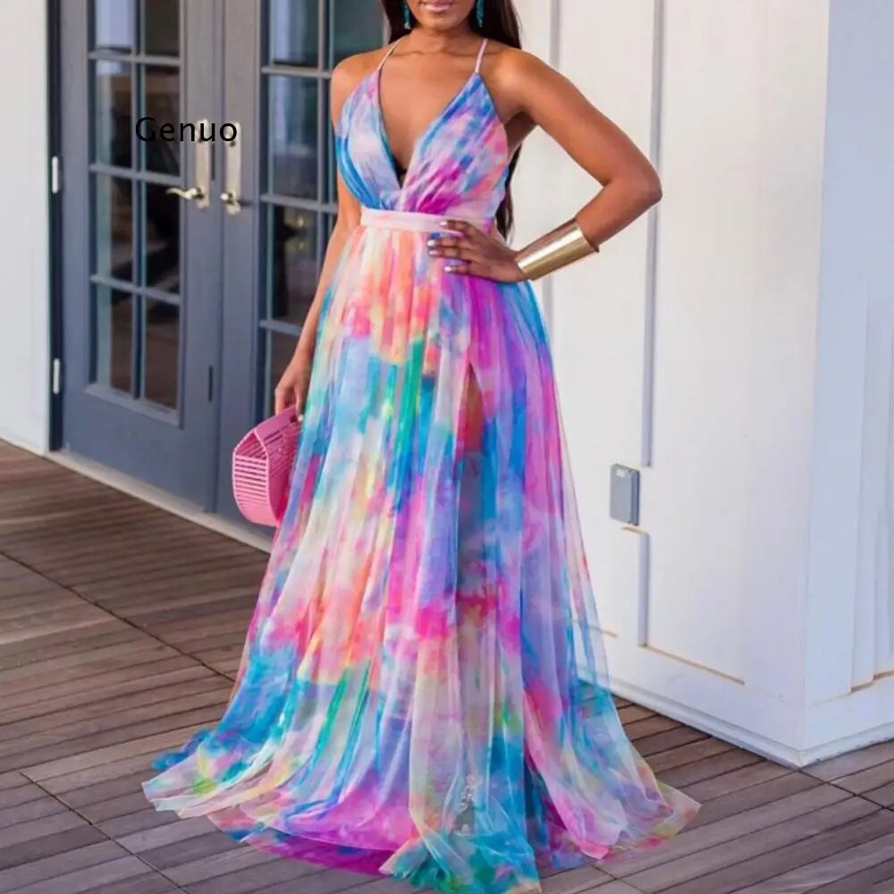 Color Block V-Neck Women Maxi Dress To Floor Long Beach Robe African Party Holiday Summer Dresses Sexy Backless