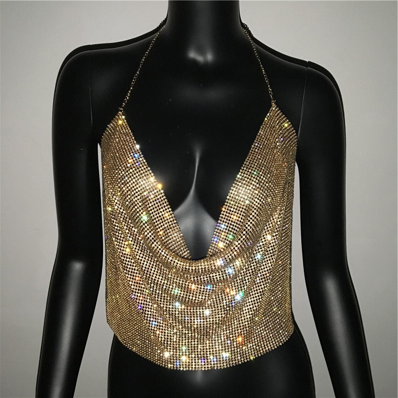 Sexy Style Backless Metal Chain Rhinestone Tank Top Spaghetti Strap Deep V Hollow Out Handmade Crystal Diamonds Vest Nightclub