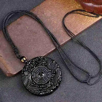 Natural Black Synthetic Obsidian Hand Carved Chinese Dragon Phoenix BaGua Lucky Amulet Peace Mascot Pendant Necklace For Women