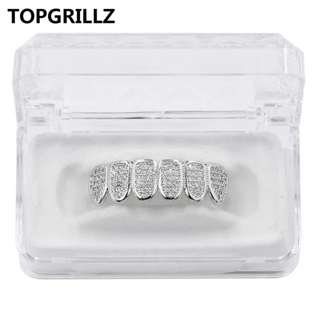 TOPGRILLZ New Fit Silver Plated CZ Micro Pave Top & Bottom GRILL SET Rhodium Teeth Grills Vampire Tooth Grillz