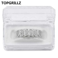 TOPGRILLZ New Fit Silver Plated CZ Micro Pave Top & Bottom GRILL SET Rhodium Teeth Grills Vampire Tooth Grillz