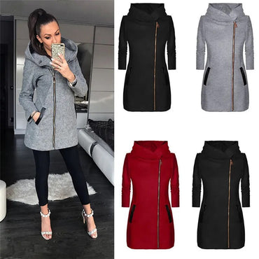 Autumn Winter Women Coats Fashion Solid Color Zip Up Long Sleeve Hooded Jacket Coat Outerwear Women Long Hoodies Coat Plus Size