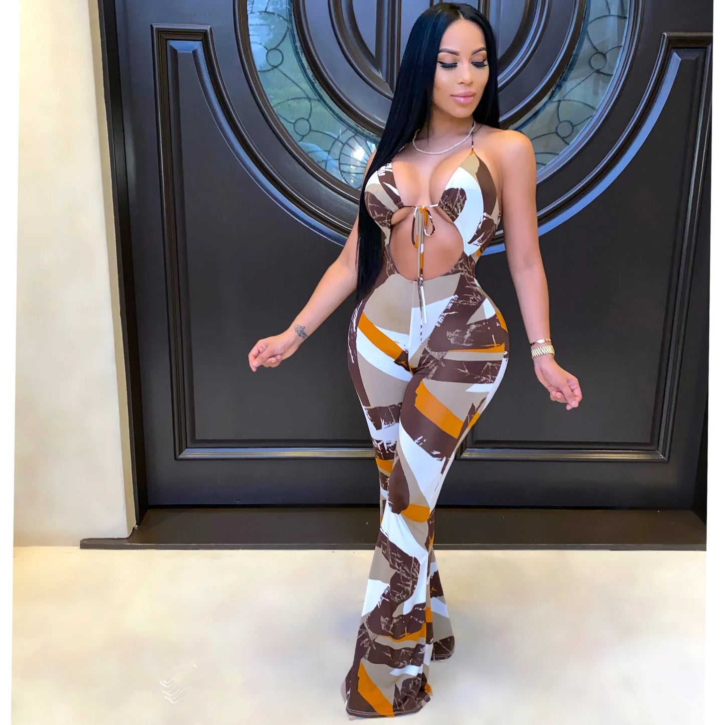 Brown Multi Palazzo Jumpsuit Women Clothing Sexy Outfits for Woman Night Club Wide Leg Romper Dropshipping