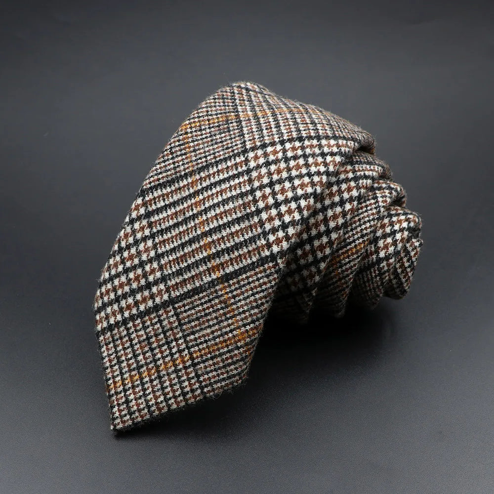Classic Brown Grey Plaid Striped Wool Necktie Narrow Collar Slim Cashmere Tie For Man Suit Party Casual Accessory Cravat Gift