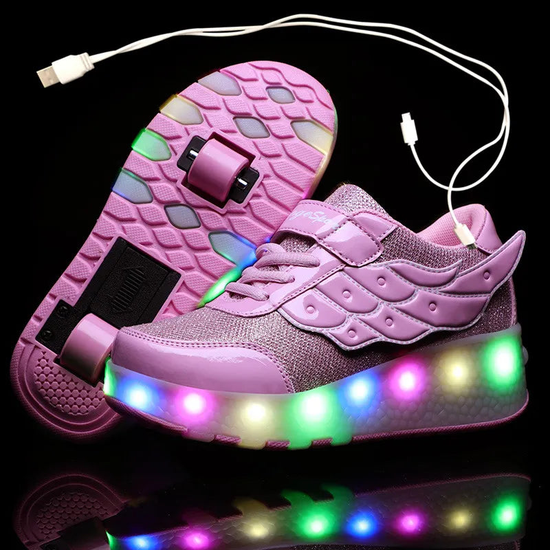 USB Charging Children Roller Skate Casual Shoes Boys Girl Automatic Jazzy LED Lighted Flashing Kids Glowing Sneakers with Wheels