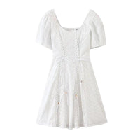 2020 Retro Embroidery Hole Stitching Lace Cross Lacing up Short Sleeve Short Dress