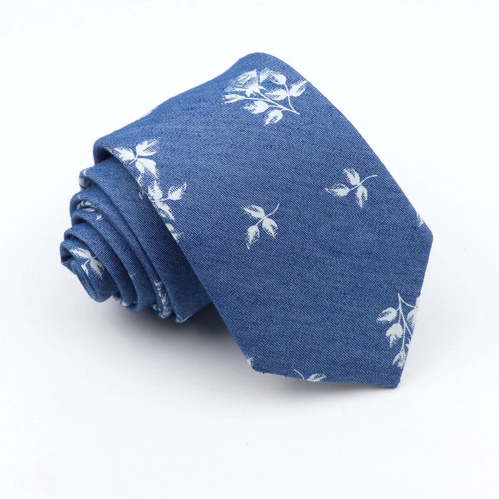 New Cotton Denim Ties For Men 7CM Floral Feather Dot Blue Neck Tie For Wedding Party Casual Print Slim Neckties Daily Wear Gift