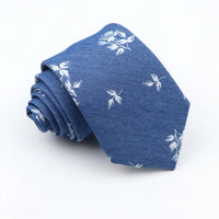 New Cotton Denim Ties For Men 7CM Floral Feather Dot Blue Neck Tie For Wedding Party Casual Print Slim Neckties Daily Wear Gift