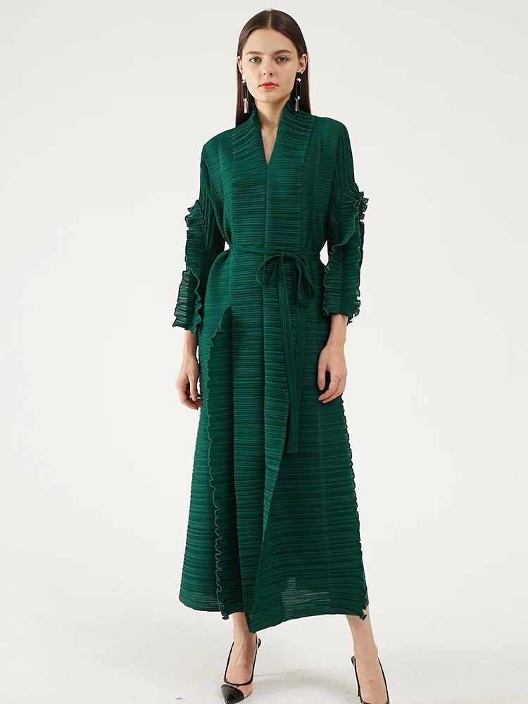 Miyake Pleated Petal Sleeve Dress Lapel Cardigan Sashes High Fashion Loose Long Dresses Fall 2022 Winter Women Designer Clothes