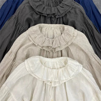 Johnature 2023 Autumn New Women Loose Tops And Blouses Vintage Linen Solid Color Ruffles Collar 4 Colors Female Shirts
