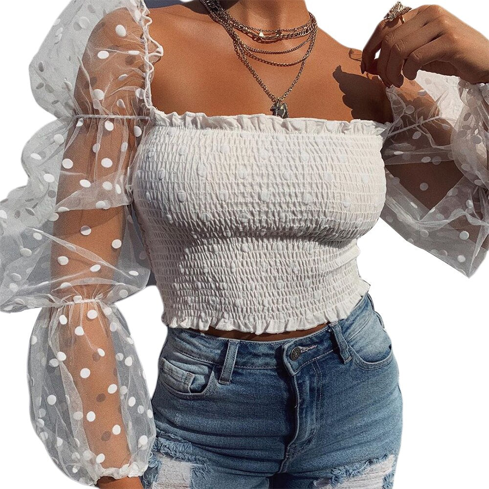 Sexy Mesh See-through Women Blouse Square Neck Polka Dot Puff Tube Top Sheer Long Sleeve Elastic Shirt Clubwear Party Streetwear