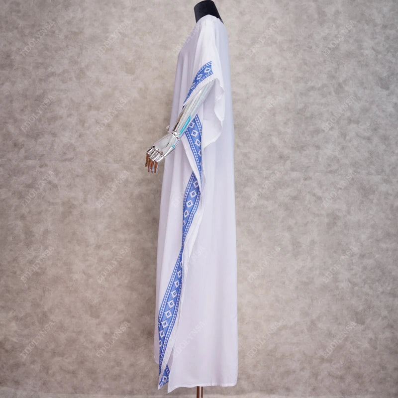 2023 Casual V-Neck Bats Sleeve Side Split Beach Kaftan Loose Summer Dress White Tunic Women Street Wear Maxi Dress N887