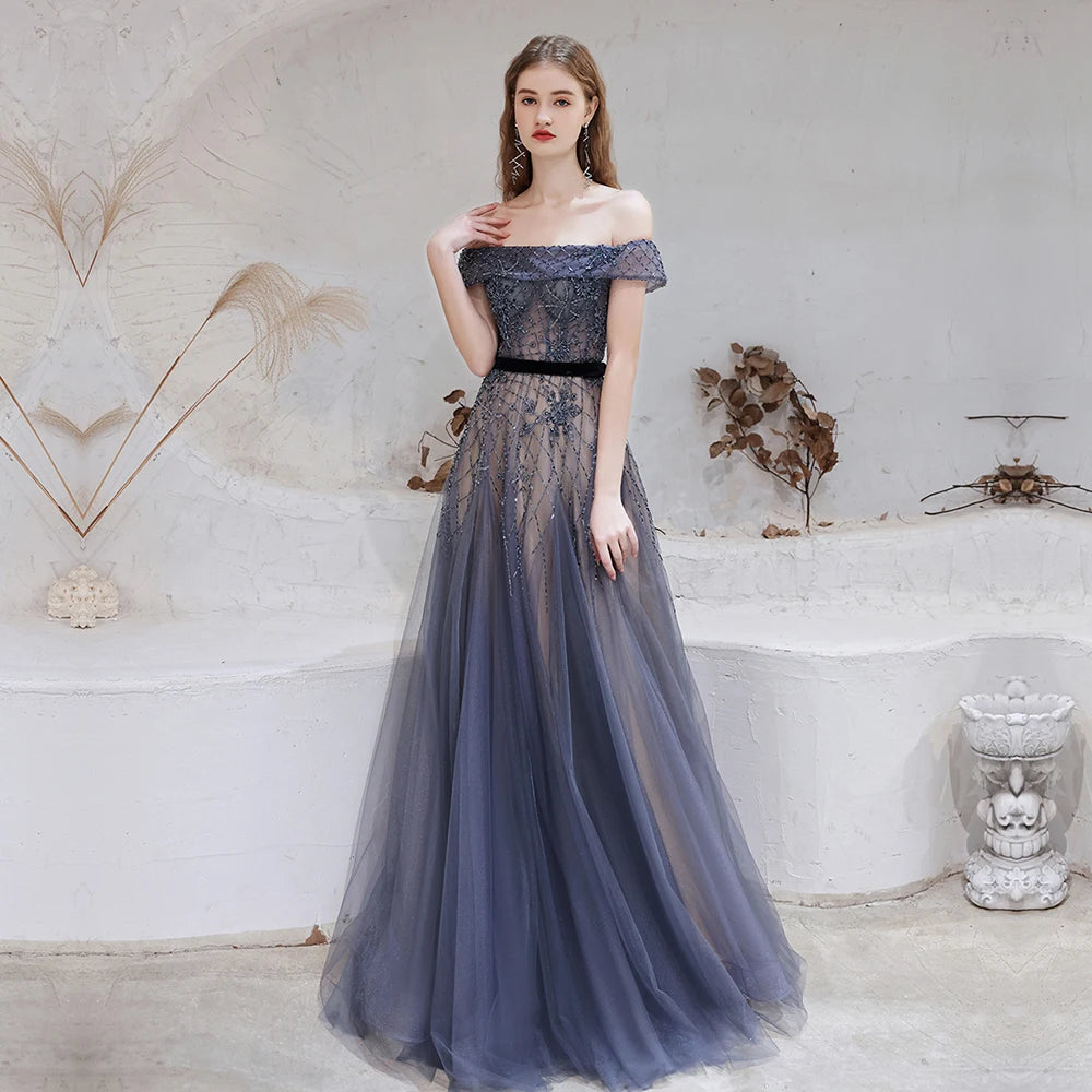 Dubai Dark Blue Evening Dresses Sexy Off Shoulder New Arrivals Luxury Beaded Beading Formal Gown for Women