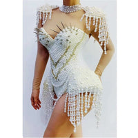 Sexy Pearls Rhinestone Bodysuit Tranparent Leotard Jazz Dance Costume Party Tassels Nightclub outfit Singer Dancewear