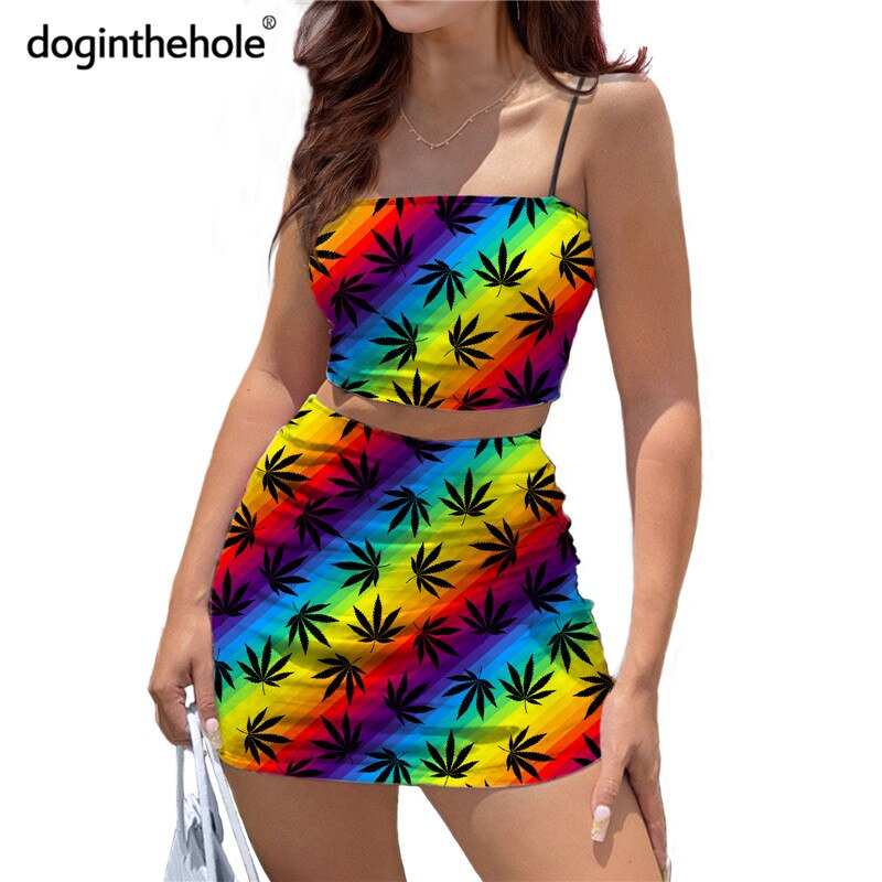 Doginthehole Jamaica Weed Leaf Design Women's Sexy Dress Suits 2021 New Fashion Reggae Print Crop Tops and Mini Skirt Outfits