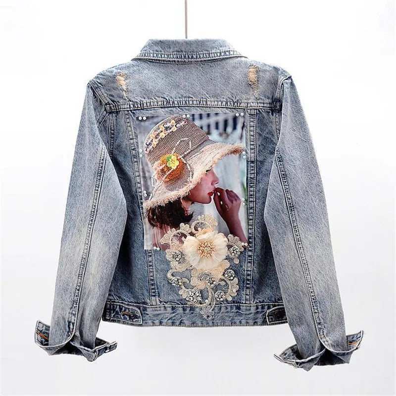 2021 New Autumn Women’s Denim Jacket Long Sleeve Overcoat Loose Three-dimensional Button Pearls Outwear Ripped Jeans Jackets