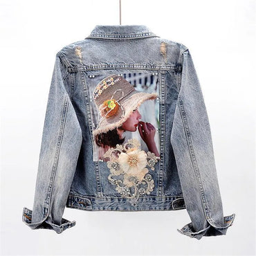 2021 New Autumn Women’s Denim Jacket Long Sleeve Overcoat Loose Three-dimensional Button Pearls Outwear Ripped Jeans Jackets