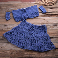 Crochet Two Piece Set Summer Beach Dress Hand Knitted Hollow Out Crop Top Mini Skirt Sheer Fishnet Cover Up Casual Suits