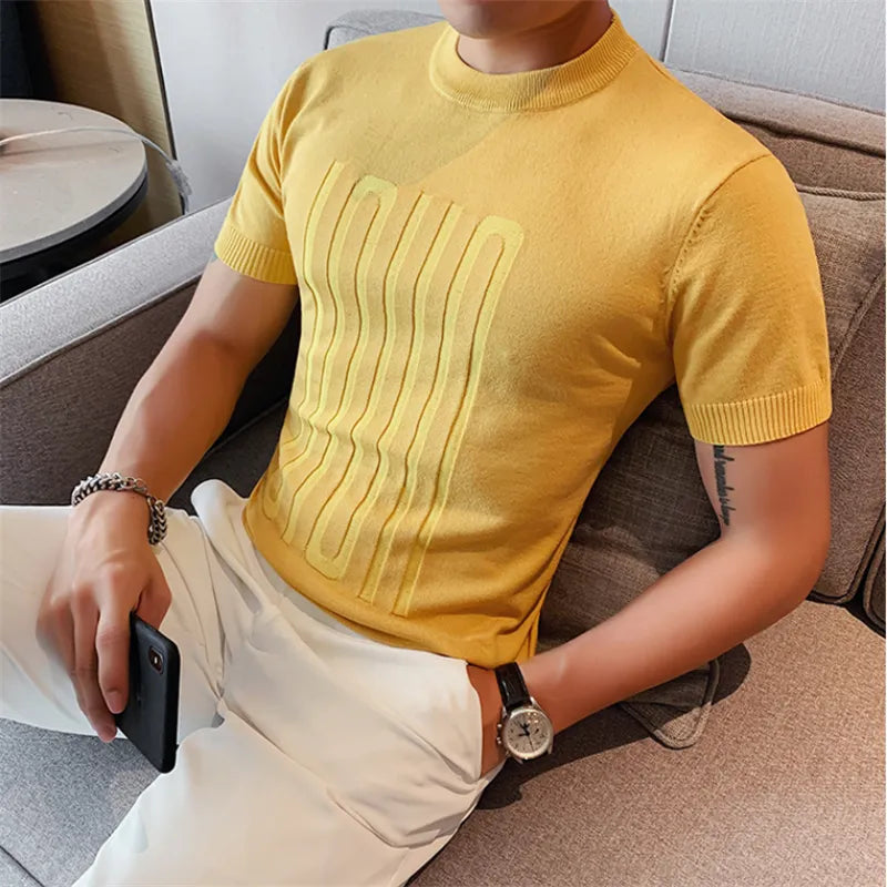 British style Summer Solid Short Sleeve Knitted T-shirt Men Fashion O-Neck Stripe Slim Fit Tee High Quality Men Clothing 6Colors