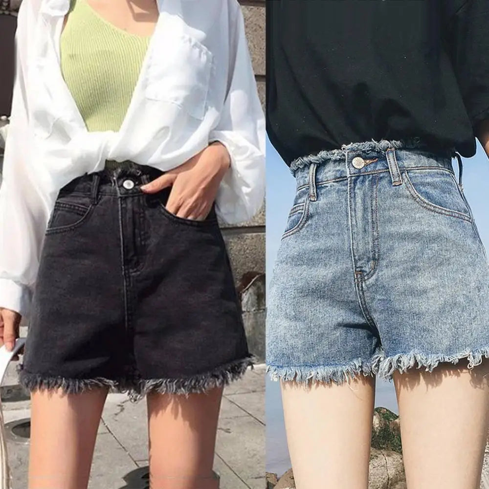 Slim Tassels Hole Sexy Denim Shorts Women's Fashion Casual Summer High Waist Loose Wide Leg Hem Denim Jeans Shorts Hot Pants