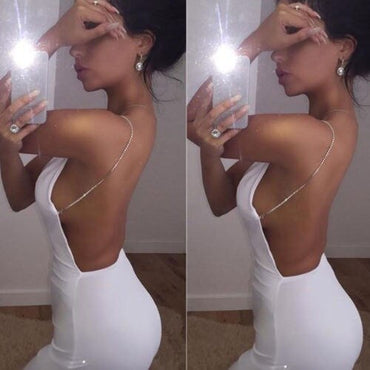 Women Lady Summer Sexy Evening Party Dress Sleeveless Solid White Backless Hollow Out Dress