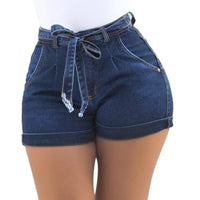 Fashion High Waist Denim Shorts Women Summer Skinny Belted High Waist Washed Jeans Women Shorts