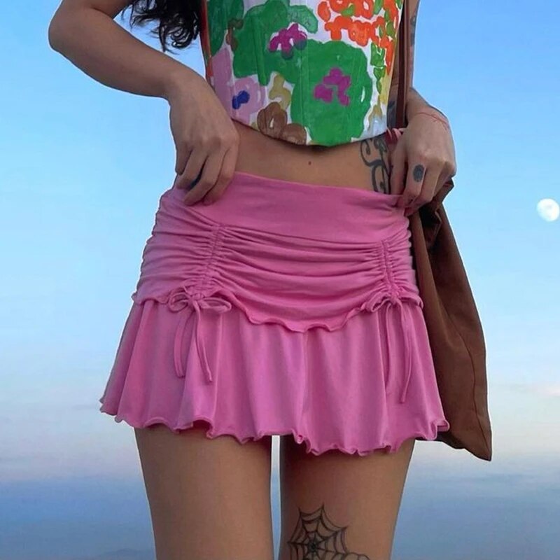 Kawaii Low Waist Mini Skirt y2k Aesthetic Drawstring Slim Fit Pleated Ruffles Irregular Hem Short Skirt Women E-girl Streetwear