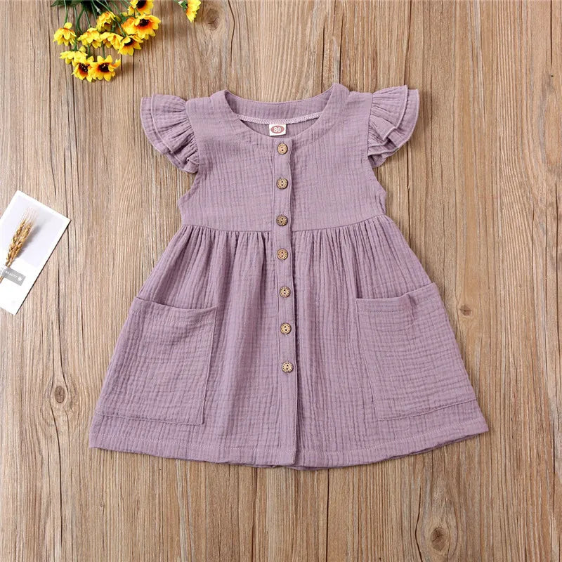 Toddler Kid Baby Girl Summer Dress Ruffles Sleeves Cotton Linen Party Children Girls Casual Button Pocket Dress Sundress Clothes