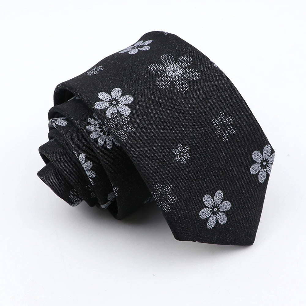 New Cotton Denim Ties For Men 7CM Floral Feather Dot Blue Neck Tie For Wedding Party Casual Print Slim Neckties Daily Wear Gift