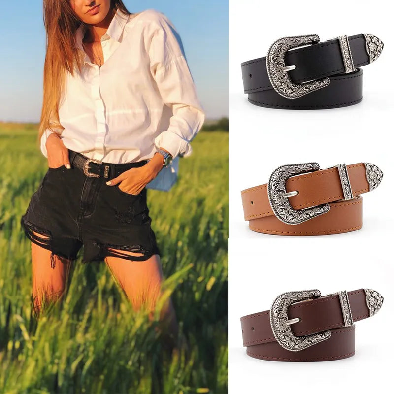 Vintage Western Carved Pin Buckle Women Belt Punk Black Brown PU Leather Width Belt Female Jeans Straps Ladies Dresses Waistband