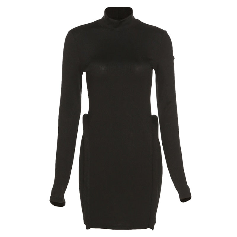 Three-Dimensional Decoration Bodycon Long Sleeve Turtleneck Streetwear Knitted Stitching Mini Dress Women Hipster Skinny Black / Xs