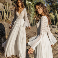 Women Long Flare Sleeve V Neck White Hollow Boho Lace Maxi Dress Female  Holiday Chic Summer