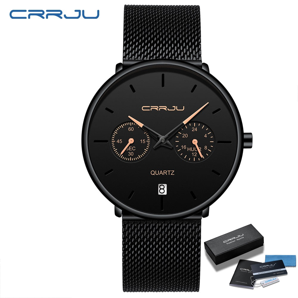 Mens Watches CRRJU Full Steel Casual Waterproof Watch for Man Sport Quartz Watch Men&#39;s Dress Calendar Watch Relogio Masculino