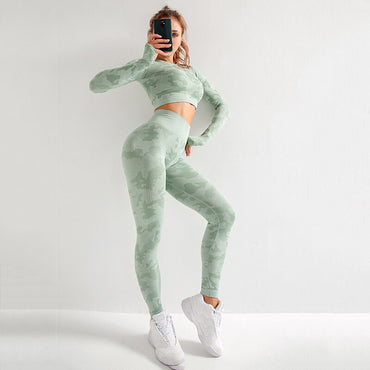 RUUHEE Women Yoga Set Camouflage Seamless Long Sleeve High Waist Leggings and Bra Workout Sportwears 2 Piece  Gym Suit Female