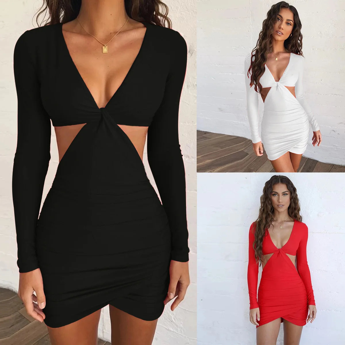 Sexy V-neck Long Sleeve Hollow Sheath Dress Autumn Winter Women's Wear Elegant