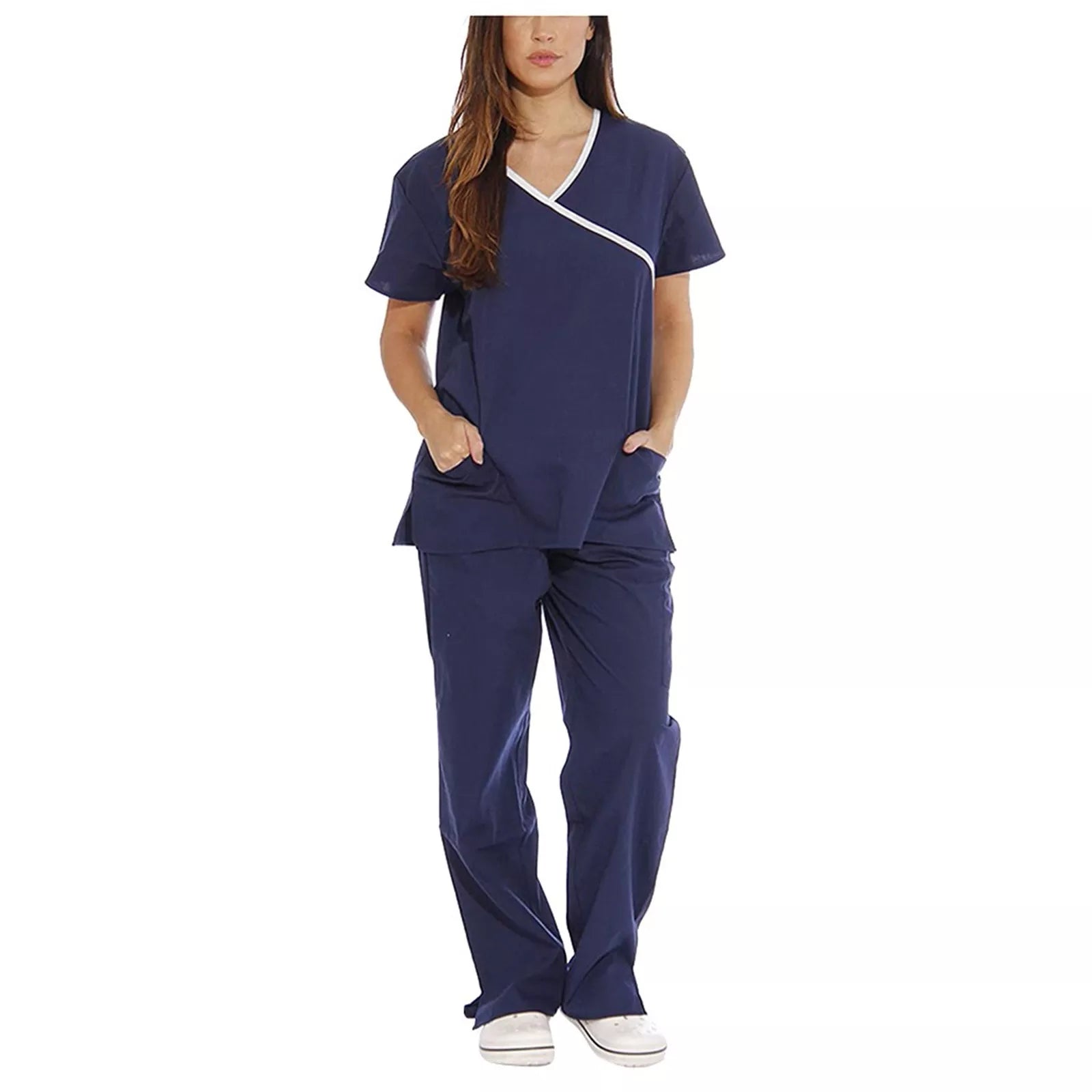 Women Scrub Set Nurse Uniforms Mock Wrap V Neck Scrub Suit Short Sleeve Dentist Workwear Elastics Scrub Pants Drawstring A50