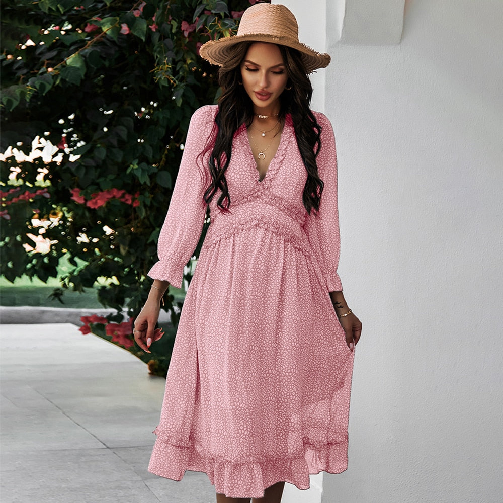 Boho Summer Dress Women 2022 Ruffles Print V Neck Chiffon Midi Dress Wrist Flare Sleeve Empire Holiday Beach Dresses Woman