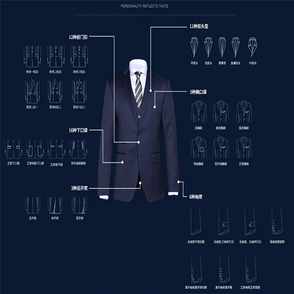 2022 Elegant Men's Business Suits Slim Fit Skinny Men Suits One Button Bridegroom Men Suit 3 Pieces(Jacket+Pant+Vest)