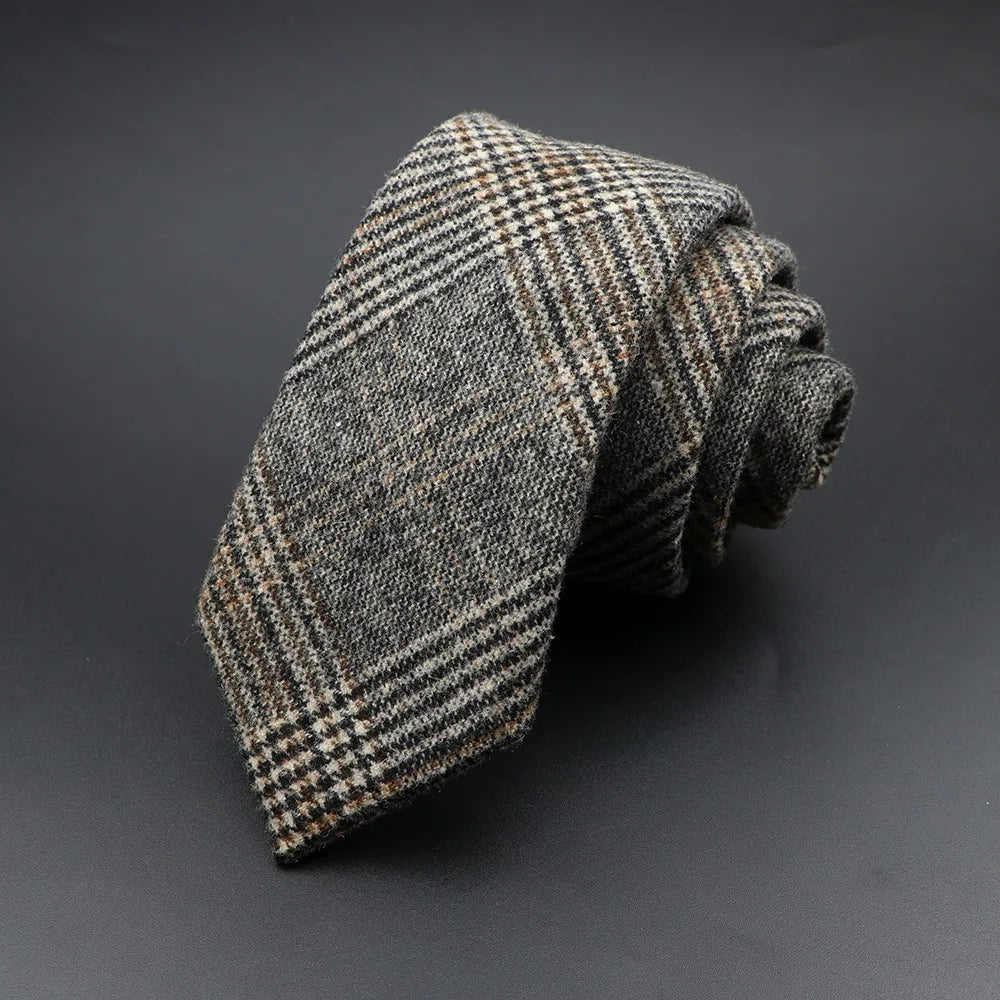 Classic Brown Grey Plaid Striped Wool Necktie Narrow Collar Slim Cashmere Tie For Man Suit Party Casual Accessory Cravat Gift