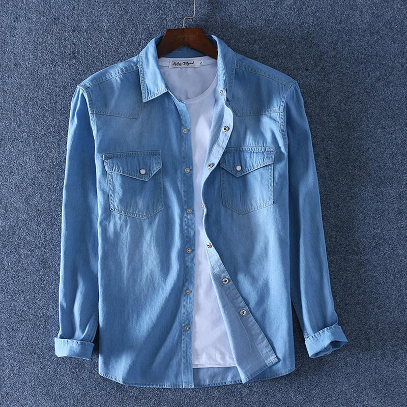 Men's Slim Denim Shirt 2022 Spring Luxury High Quality Cotton Square Collar Pocket Button Fashion Long Sleeve Jeans Shirt